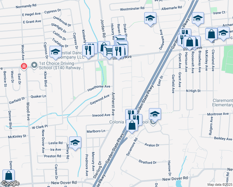 map of restaurants, bars, coffee shops, grocery stores, and more near 58 Berdine Court in Woodbridge Township