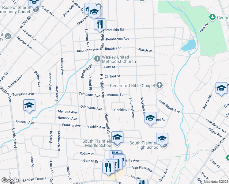 map of restaurants, bars, coffee shops, grocery stores, and more near 120 Thomas Street in South Plainfield