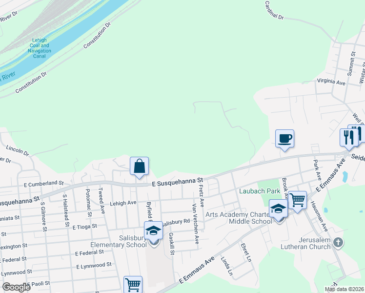map of restaurants, bars, coffee shops, grocery stores, and more near 1353 East Susquehanna Street in Allentown