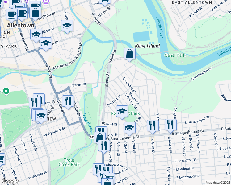 map of restaurants, bars, coffee shops, grocery stores, and more near 224 Priscilla Street in Allentown