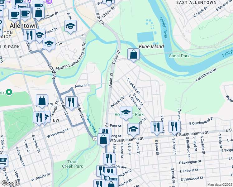 map of restaurants, bars, coffee shops, grocery stores, and more near 658 Genesee Street in Allentown