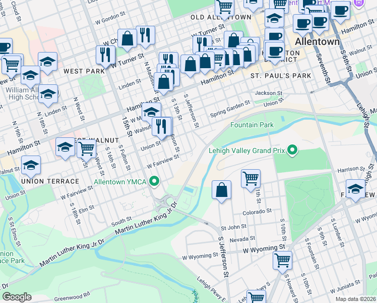 map of restaurants, bars, coffee shops, grocery stores, and more near 315 South Madison Street in Allentown