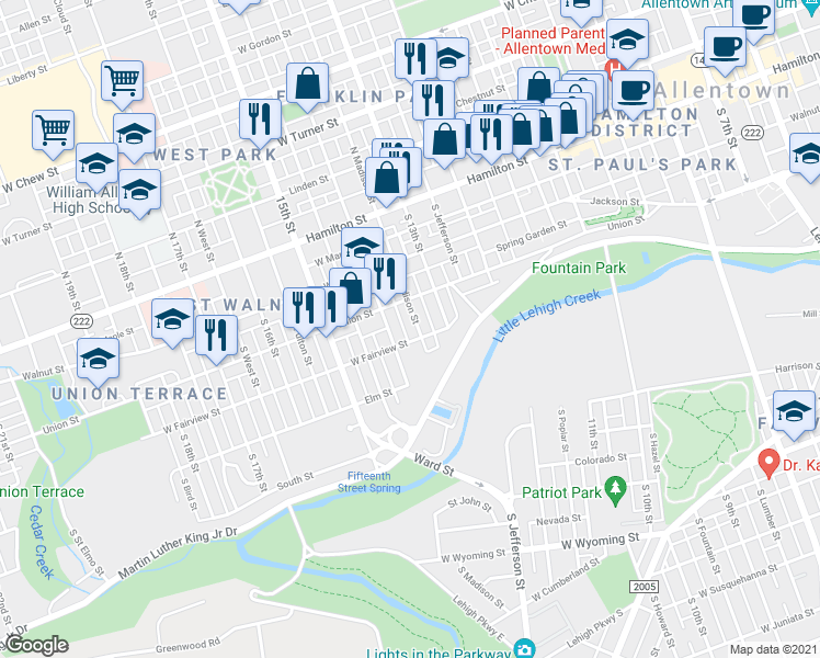 map of restaurants, bars, coffee shops, grocery stores, and more near 315 South Madison Street in Allentown