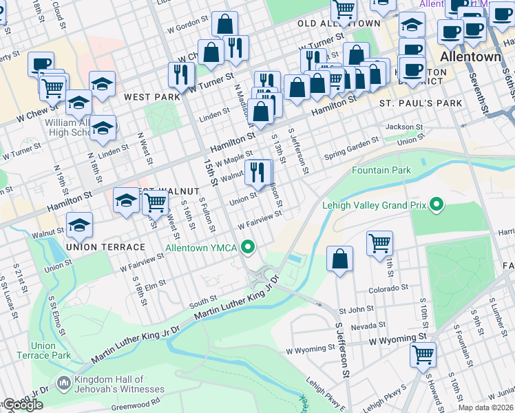 map of restaurants, bars, coffee shops, grocery stores, and more near 1408 West Fairview Street in Allentown