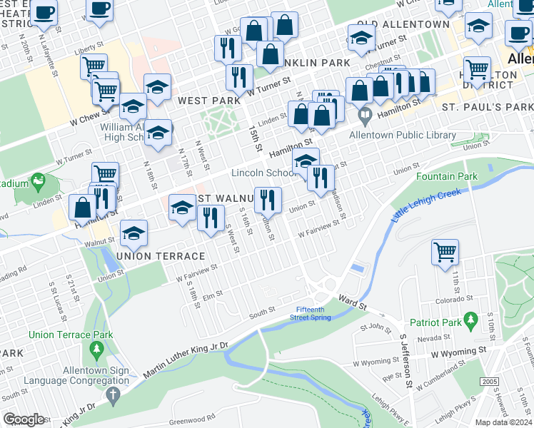 map of restaurants, bars, coffee shops, grocery stores, and more near 217 South Fulton Street in Allentown