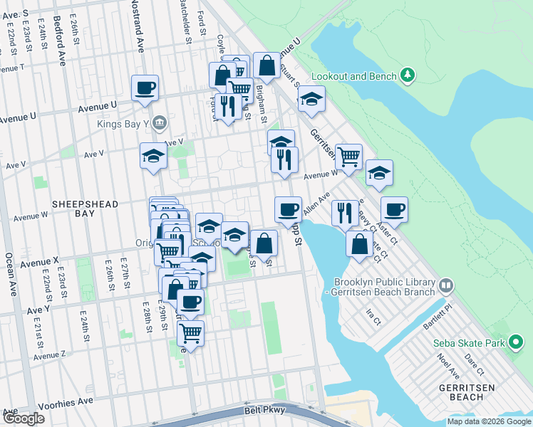 map of restaurants, bars, coffee shops, grocery stores, and more near 2355 Bragg Street in Brooklyn
