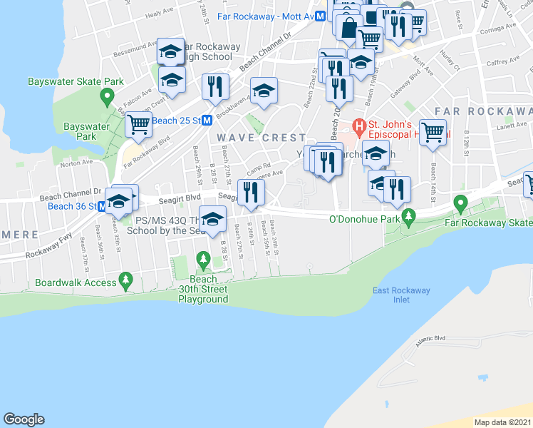 map of restaurants, bars, coffee shops, grocery stores, and more near 21 Seagirt Avenue in Queens