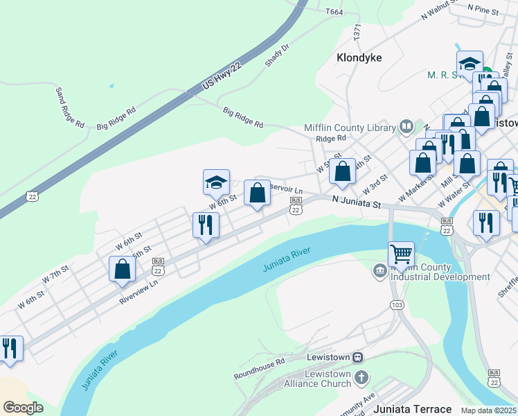 map of restaurants, bars, coffee shops, grocery stores, and more near 428 West 4th Street in Lewistown