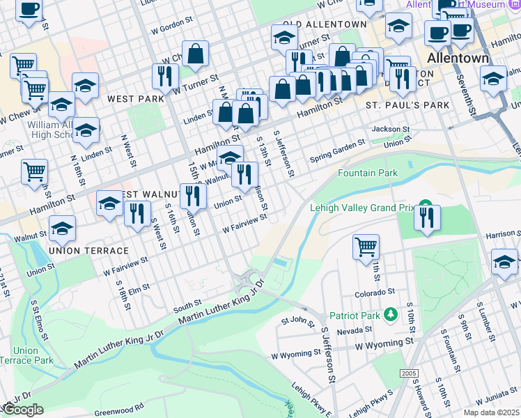 map of restaurants, bars, coffee shops, grocery stores, and more near 234 South Madison Street in Allentown