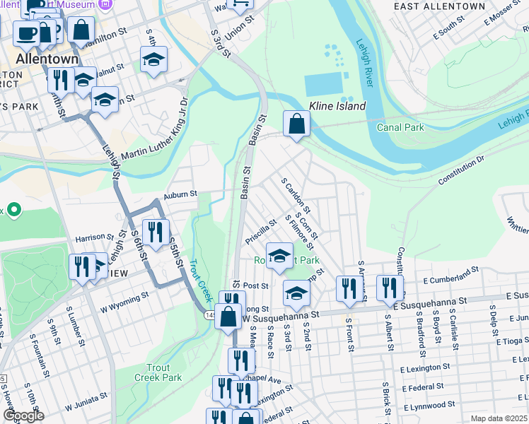 map of restaurants, bars, coffee shops, grocery stores, and more near 224 Priscilla Street in Allentown
