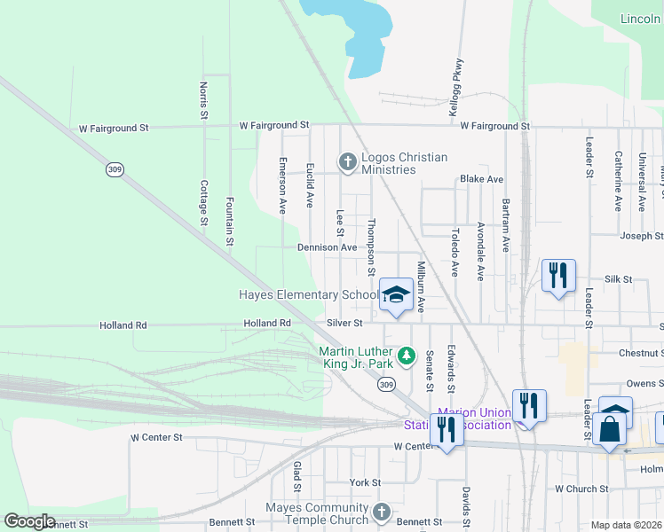 map of restaurants, bars, coffee shops, grocery stores, and more near 377 Lee Street in Marion
