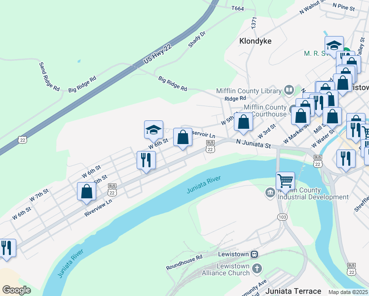 map of restaurants, bars, coffee shops, grocery stores, and more near 20 Franklin Avenue in Lewistown