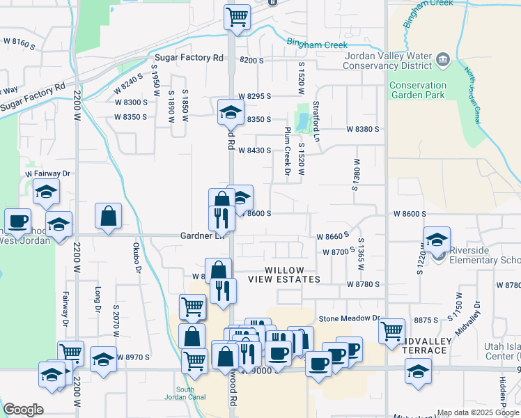 map of restaurants, bars, coffee shops, grocery stores, and more near 1653 West 8600 South in West Jordan