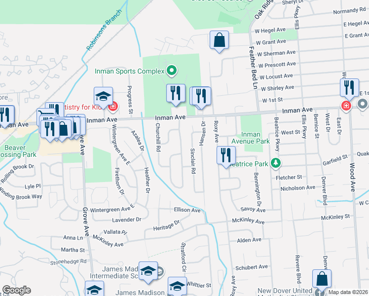 map of restaurants, bars, coffee shops, grocery stores, and more near 20 Sinclair Road in Edison