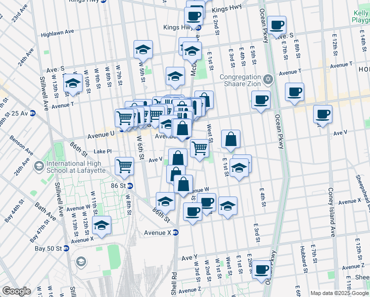 map of restaurants, bars, coffee shops, grocery stores, and more near McDonald Ave & Gravesend Neck Rd in Brooklyn
