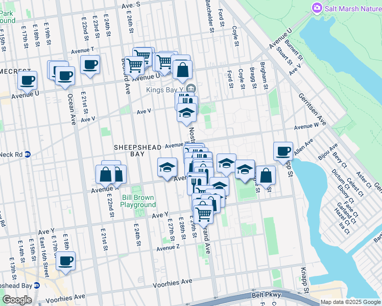 map of restaurants, bars, coffee shops, grocery stores, and more near 3670 Nostrand Avenue in Brooklyn