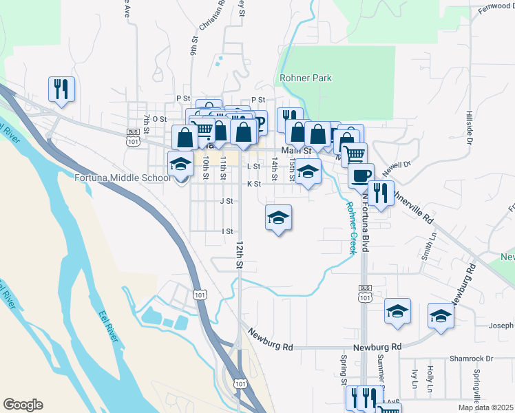 map of restaurants, bars, coffee shops, grocery stores, and more near 379 12th Street in Fortuna