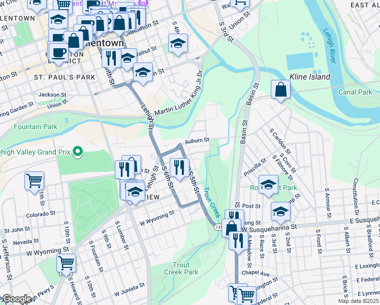 map of restaurants, bars, coffee shops, grocery stores, and more near 447 Harrison Street in Allentown