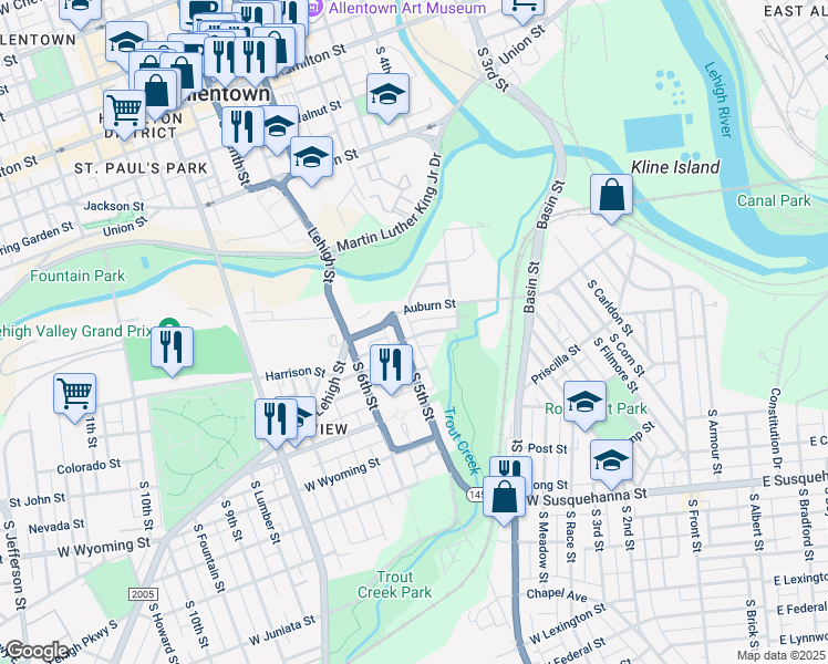 map of restaurants, bars, coffee shops, grocery stores, and more near 447 Harrison Street in Allentown