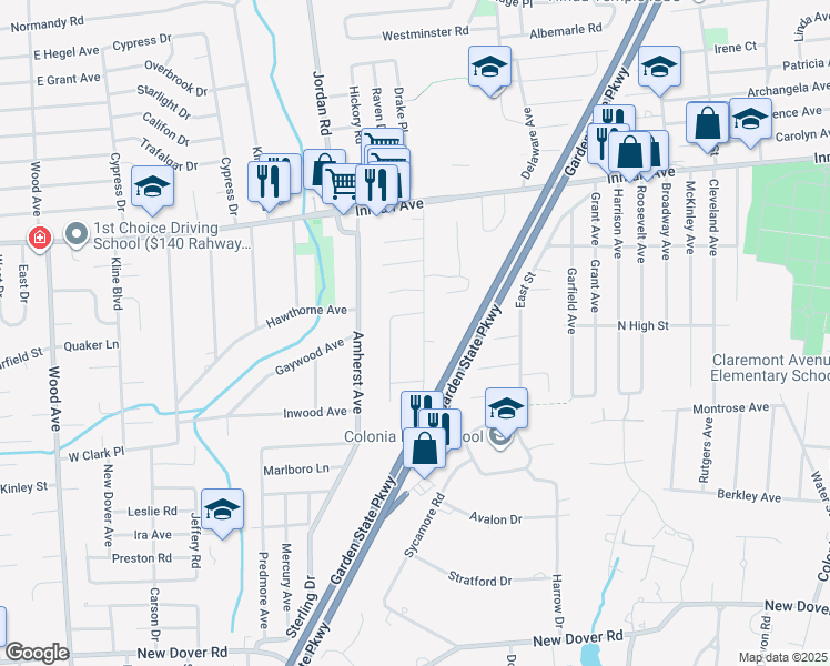 map of restaurants, bars, coffee shops, grocery stores, and more near 120 West Street in Woodbridge Township