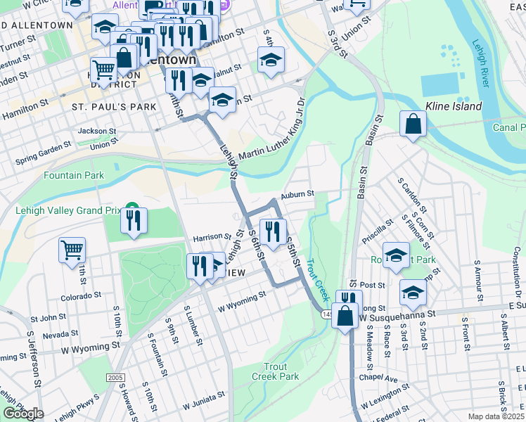 map of restaurants, bars, coffee shops, grocery stores, and more near 526 Auburn Street in Allentown