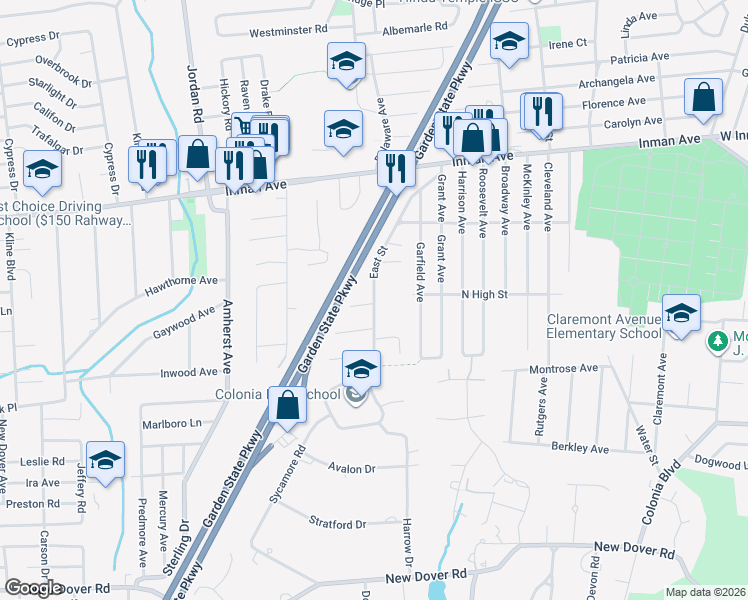 map of restaurants, bars, coffee shops, grocery stores, and more near East Street in Woodbridge Township
