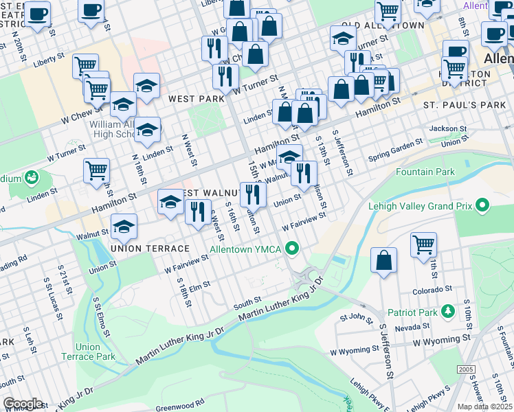 map of restaurants, bars, coffee shops, grocery stores, and more near 1513 Union Street in Allentown