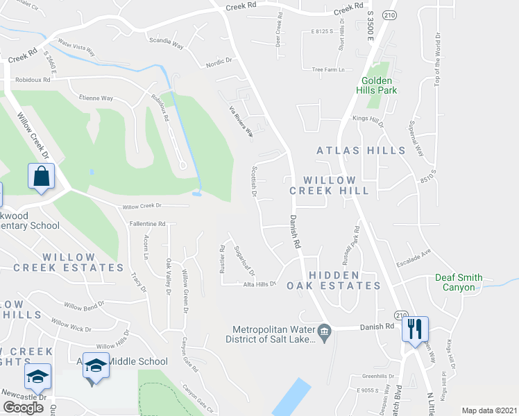 map of restaurants, bars, coffee shops, grocery stores, and more near 8574 Scottish Drive in Sandy