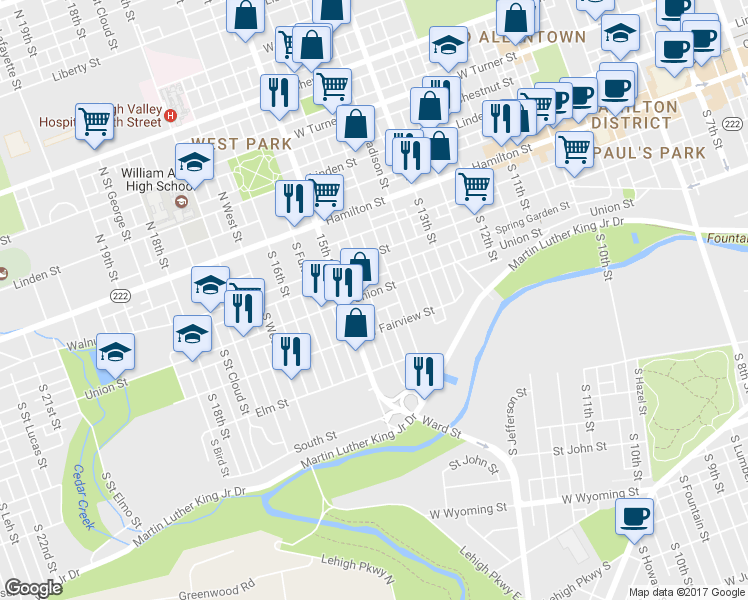 map of restaurants, bars, coffee shops, grocery stores, and more near 1426 Union Street in Allentown