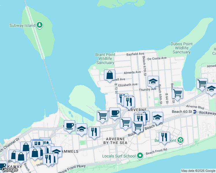 map of restaurants, bars, coffee shops, grocery stores, and more near 72-09 Burchell Avenue in Queens