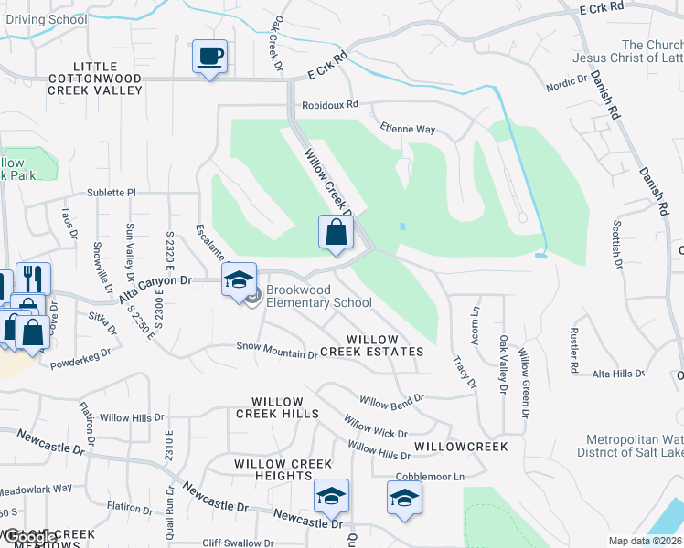 map of restaurants, bars, coffee shops, grocery stores, and more near 2667 Bridger Boulevard in Sandy