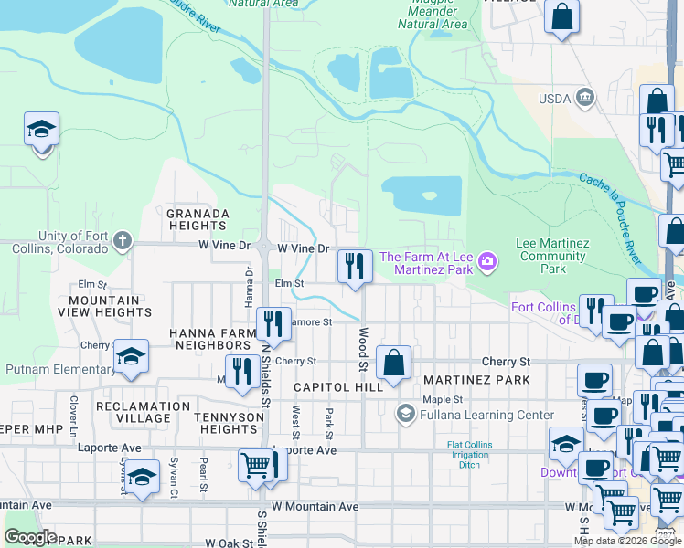 map of restaurants, bars, coffee shops, grocery stores, and more near 623 Wood Street in Fort Collins