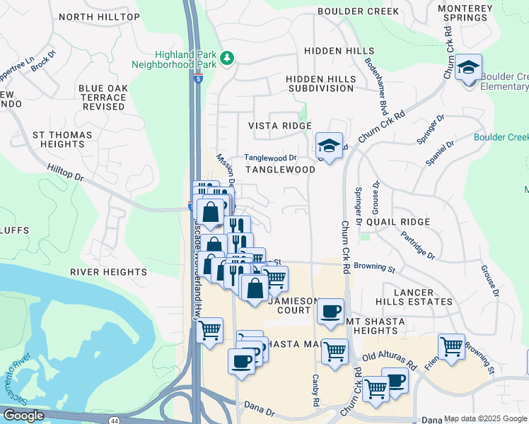 map of restaurants, bars, coffee shops, grocery stores, and more near 851 Mission De Oro Drive in Redding