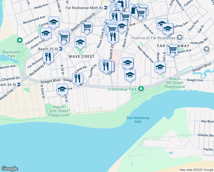 map of restaurants, bars, coffee shops, grocery stores, and more near 20-6 Seagirt Boulevard in Queens