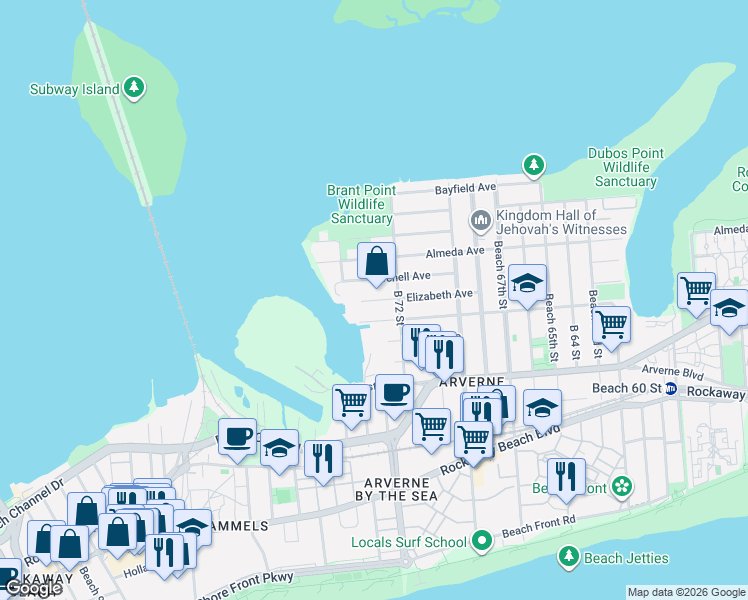 map of restaurants, bars, coffee shops, grocery stores, and more near 72-09 Burchell Avenue in Queens