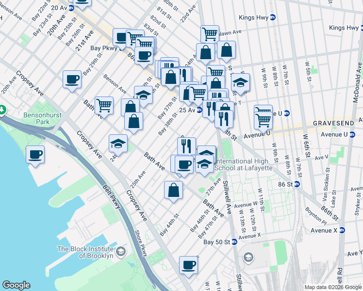 map of restaurants, bars, coffee shops, grocery stores, and more near 8689 25th Avenue in Brooklyn