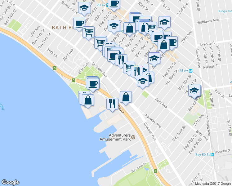 map of restaurants, bars, coffee shops, grocery stores, and more near 8824 23rd Avenue in Brooklyn