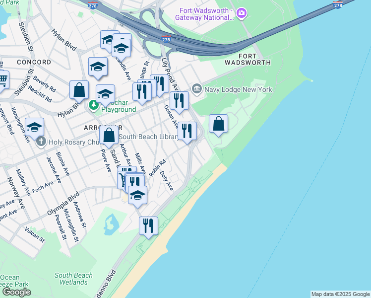 map of restaurants, bars, coffee shops, grocery stores, and more near 63 Windom Avenue in Staten Island