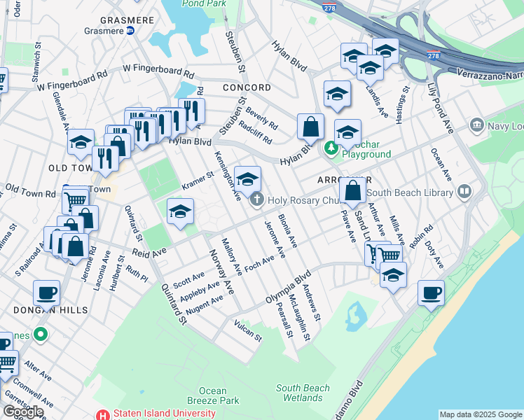 map of restaurants, bars, coffee shops, grocery stores, and more near 100 Jerome Avenue in Staten Island