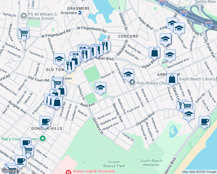map of restaurants, bars, coffee shops, grocery stores, and more near 106 Kramer Street in Staten Island