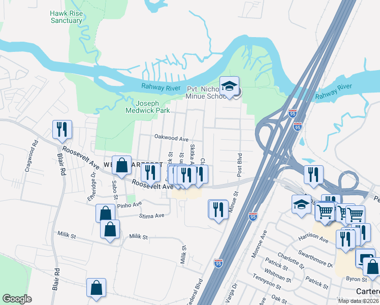 map of restaurants, bars, coffee shops, grocery stores, and more near 7 Oakwood Avenue in Carteret