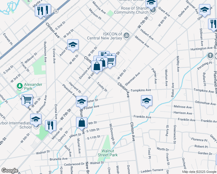 map of restaurants, bars, coffee shops, grocery stores, and more near 736 Clinton Avenue in South Plainfield