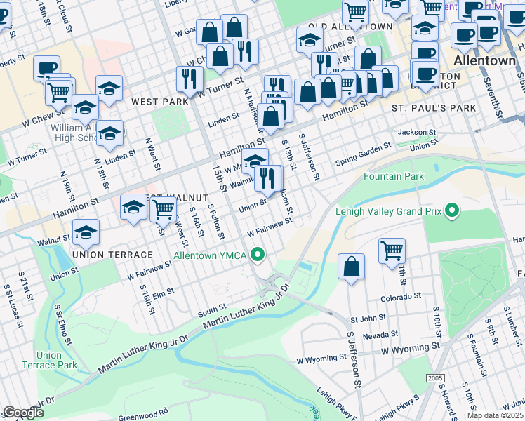 map of restaurants, bars, coffee shops, grocery stores, and more near 139 South 14th Street in Allentown