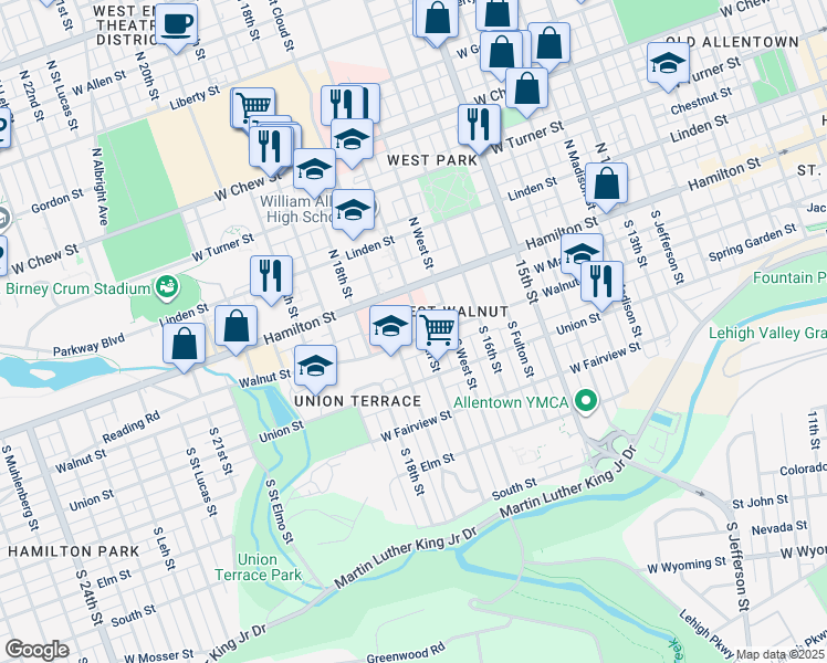 map of restaurants, bars, coffee shops, grocery stores, and more near 26 South 17th Street in Allentown