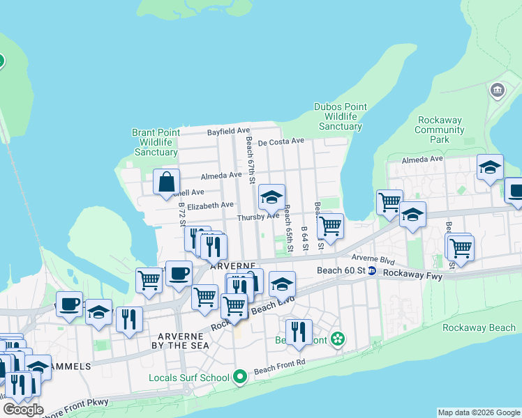 map of restaurants, bars, coffee shops, grocery stores, and more near 5-44 Beach 67th Street in Queens