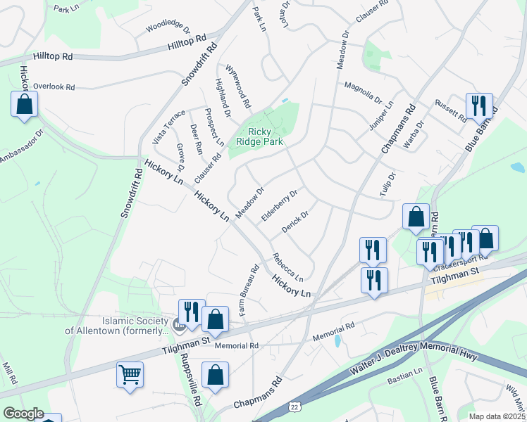 map of restaurants, bars, coffee shops, grocery stores, and more near 5921 Elderberry Drive in Lehigh County