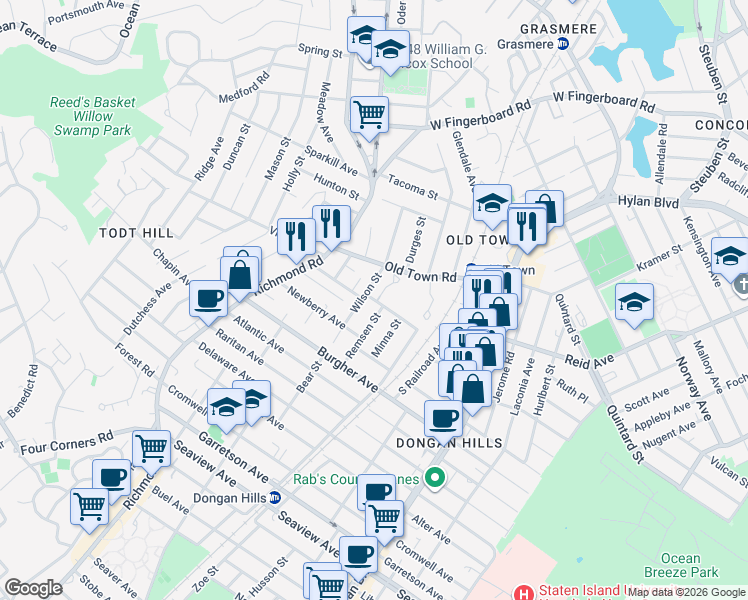 map of restaurants, bars, coffee shops, grocery stores, and more near 11 Cornelia Street in Staten Island
