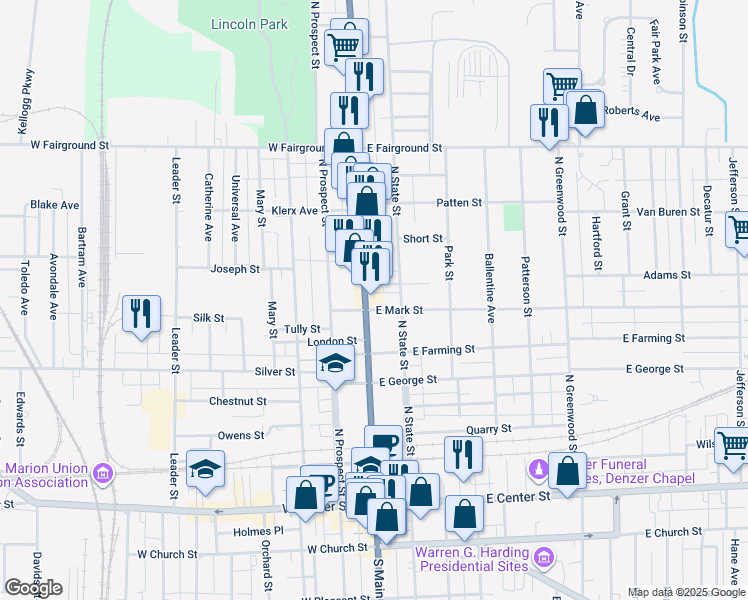 map of restaurants, bars, coffee shops, grocery stores, and more near 460 North Main Street in Marion