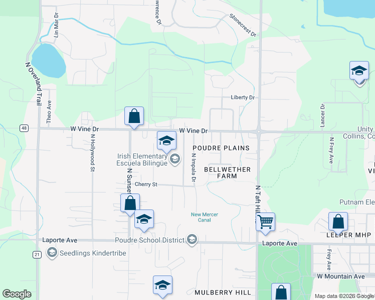 map of restaurants, bars, coffee shops, grocery stores, and more near 612 Irish Drive in Fort Collins