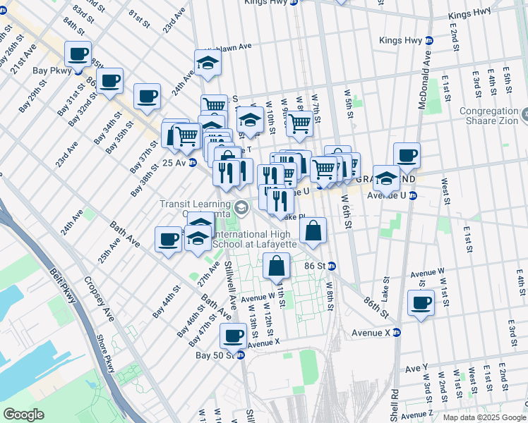 map of restaurants, bars, coffee shops, grocery stores, and more near 39 Avenue U in Brooklyn
